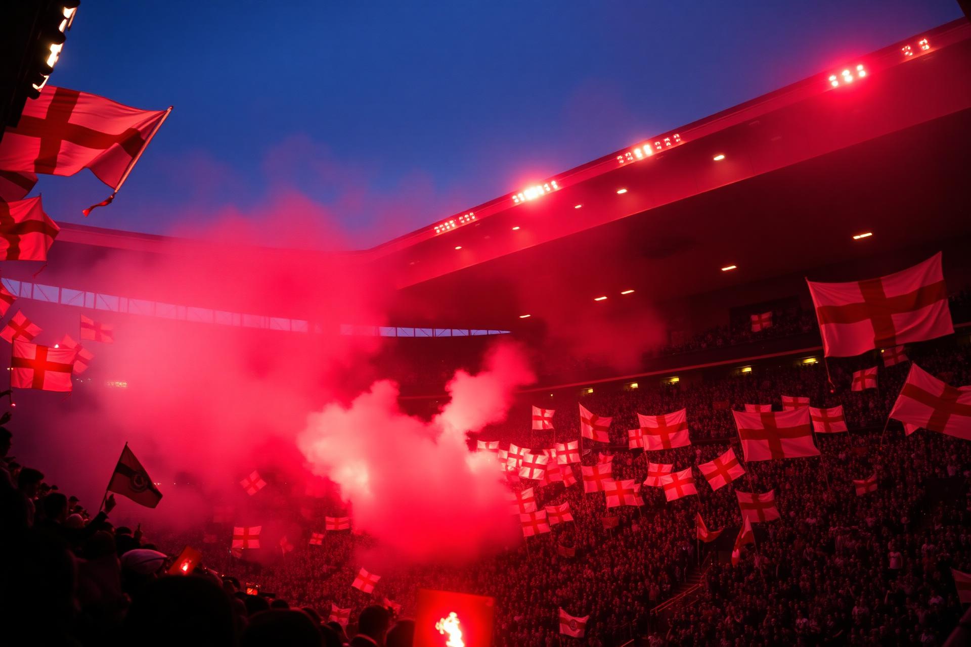 Football supporters in a packed stadium waving custom flags